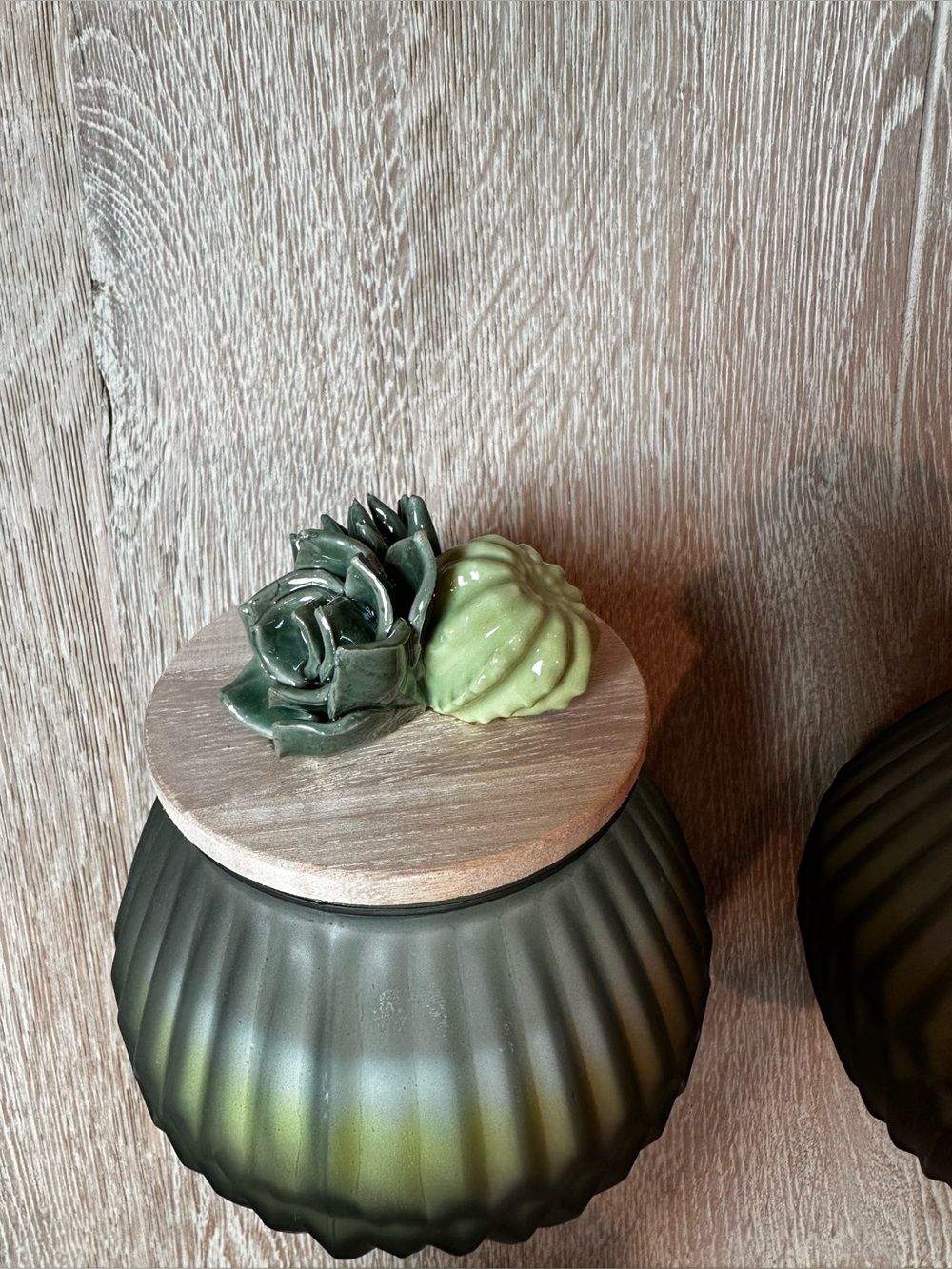 Green Ceramic Succulent Candle Jar with Wooden Lid set of 2 - Picture 7 of 11